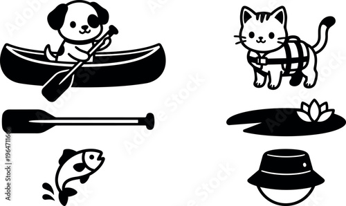 Cute puppy paddling canoe with fish and cat near pond vector art