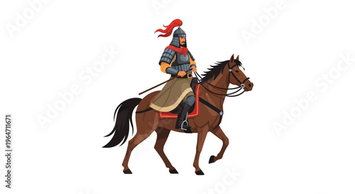A detailed illustration depicts a mounted warrior with a feathered headdress riding a brown horse silhouette high quality professional modern elegant