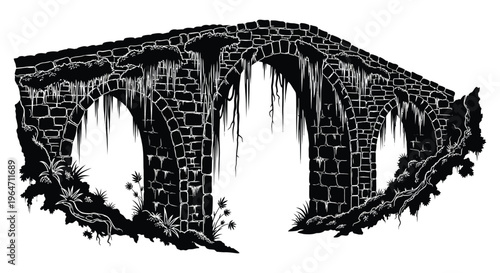 An intricate black and white illustration depicts an old stone bridge with arches overgrown with vegetation silhouette high quality professional detailed