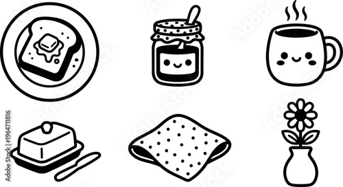 Cute breakfast icons with toast jam coffee butter napkin and flower vase line art