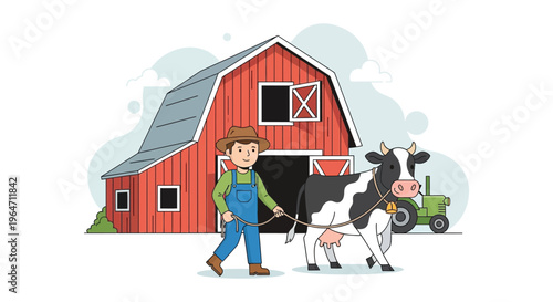 A colorful illustration depicts a farmer with a cow in front of a red barn creating a distinct silhouette high quality