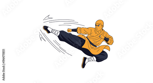 A dynamic illustration depicts a martial artist executing a high kick in mid air a striking silhouette high quality professional detailed modern