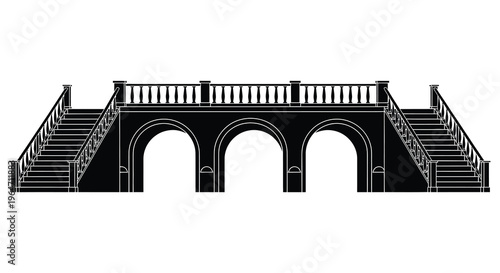 A striking black silhouette of an arched bridge with detailed staircases and balustrades showcasing elegant architecture silhouette high quality professional modern