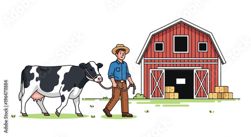 A farmer leads a spotted cow past a red barn in a rural setting depicted as a silhouette high quality professional