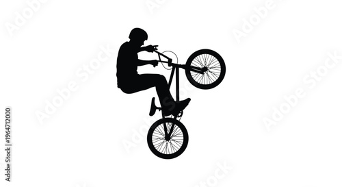 A dynamic black silhouette depicts a bmx rider performing a wheelie against a plain white background silhouette high quality professional detailed