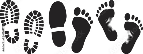 Black vector silhouettes of human footprints and boot shoe sole prints isolated on white background for tracking investigation forensics adventure and walking path concept.