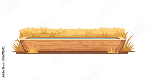 A wooden planter box filled with blue water surrounded by golden grass presented as a flat silhouette high quality professional detailed