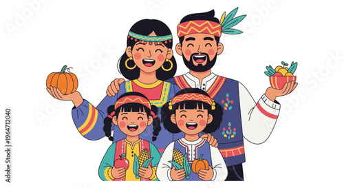 A cheerful family in traditional harvest attire poses with pumpkins and corn showcasing cultural heritage a silhouette high quality professional detailed modern