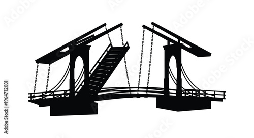 A black silhouette of an ornate arched bridge with visible steps and supporting chains captured in profile silhouette high quality professional