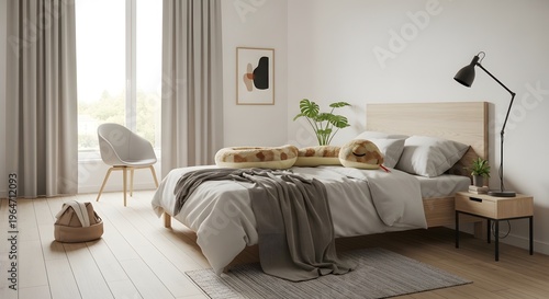 Minimalist Modern Bedroom with Plush Snake Toy and Cozy Neutral Decor