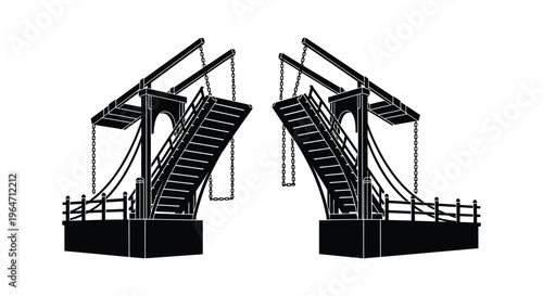 A striking black and white depiction of two drawbridges suspended by chains presented as a silhouette high quality professional detailed modern