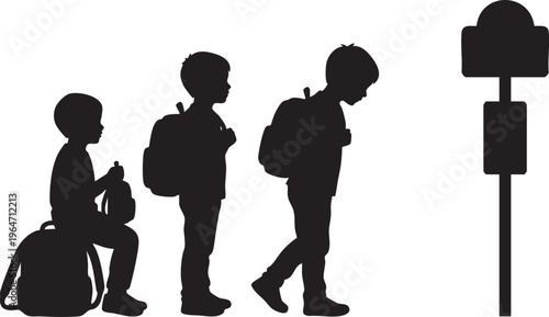 Young student's silhouette journey to school, patiently waiting at the bus stop, symbolizing early education and daily commutes