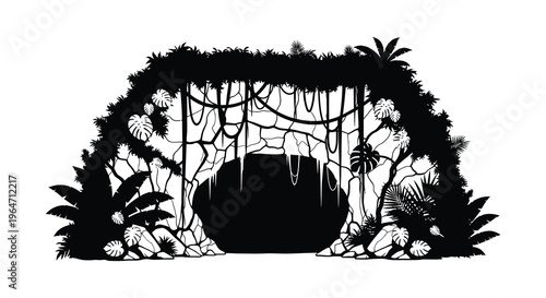A dramatic jungle entrance framed by lush foliage and vines depicted as a striking black silhouette high quality professional detailed modern