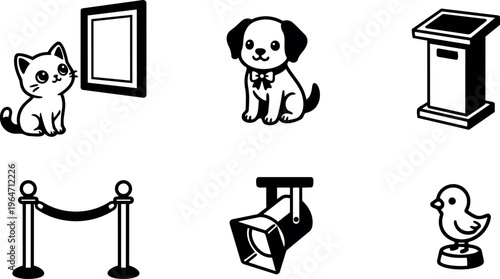 Black and white icons of cat dog podium barrier spotlight and bird trophy