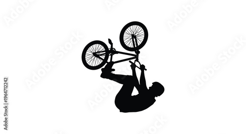 A dynamic black silhouette depicts a cyclist performing an impressive wheelie against a plain white background silhouette high quality professional detailed