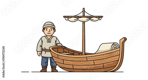 A smiling viking stands beside a small wooden boat with a rolled sail a charming silhouette high quality professional detailed modern