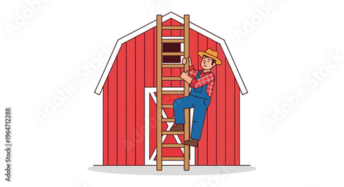 A farmer climbs a ladder against a red barn showcasing a charming rural scene silhouette high quality professional detailed modern elegant