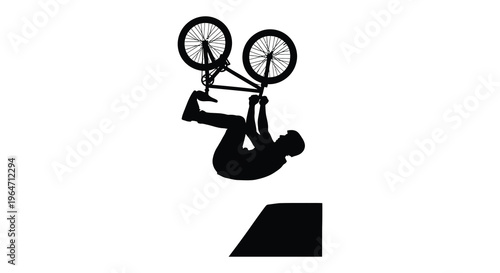 A dynamic image showcasing a bmx rider performing an aerial trick over a ramp presented as a silhouette high quality professional
