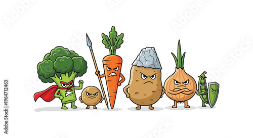 Cartoon vegetables stand as a heroic team showcasing a playful and vibrant illustration in silhouette high quality professional detailed modern elegant