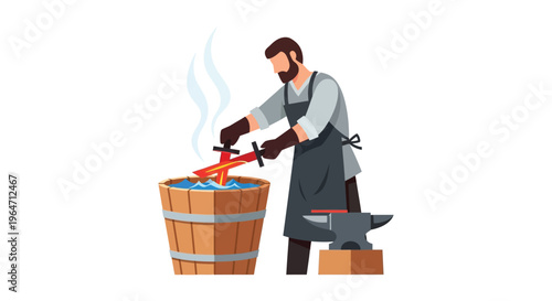 A blacksmith diligently quenching a glowing sword in a wooden bucket showcasing traditional metalworking techniques silhouette high quality professional detailed
