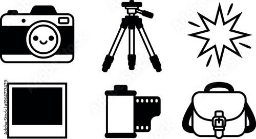 Smiling camera face with tripod film roll photo frame and bag icons