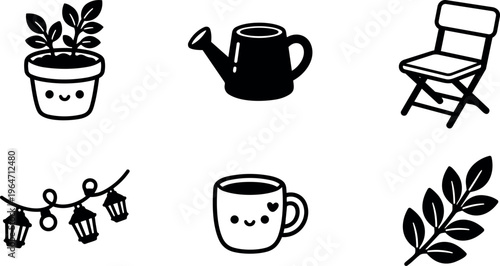 Cute black and white icons of plant pot watering can chair string lights coffee cup and leaf
