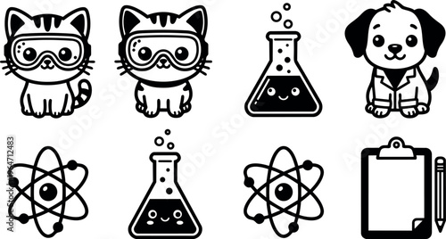Black and white cute cat dog scientist icons with chemistry and atom elements