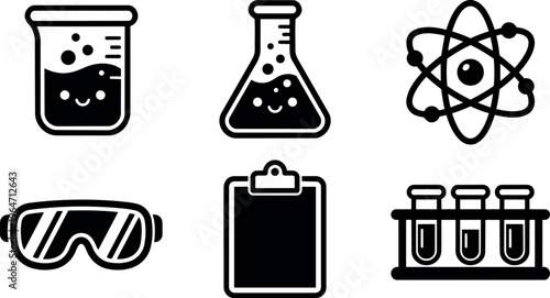 Cute chemistry beaker flask and lab safety goggles vector icons