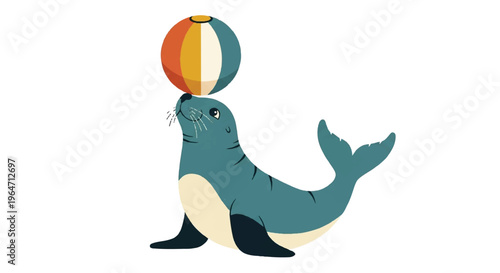 Cartoon seal balancing colorful ball isolated white background