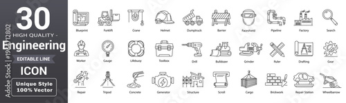 Engineering line icon set. Including editable outline industrial, tools, project, construction and more collection, vector illustration
