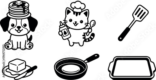 Black and white line art cute puppy with pancakes and chef cat holding spoon and sauce bottle