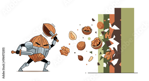 A determined walnut knight prepares for battle smashing through a wall of nuts with a shield silhouette high quality professional
