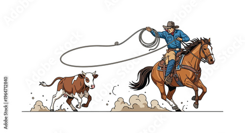 A cowboy on horseback skillfully lassos a brown steer amidst a dusty landscape presented as a silhouette high quality professional detailed