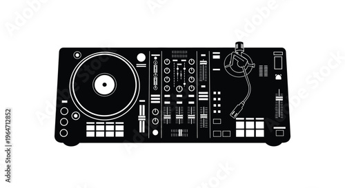 A stark white background showcases a detailed black dj controller emphasizing its design as a silhouette high quality professional modern elegant