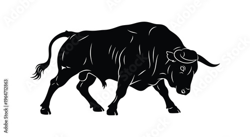 A powerful black bull stands in a charging pose depicted as a striking detailed silhouette high quality professional modern elegant stylish