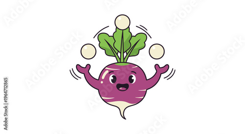 A cheerful purple radish character playfully juggles three white spheres creating a whimsical and amusing silhouette high quality professional detailed modern