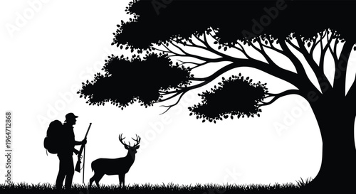 A hunter stands with a rifle facing a deer beneath a large tree depicted in stark silhouette high quality professional detailed