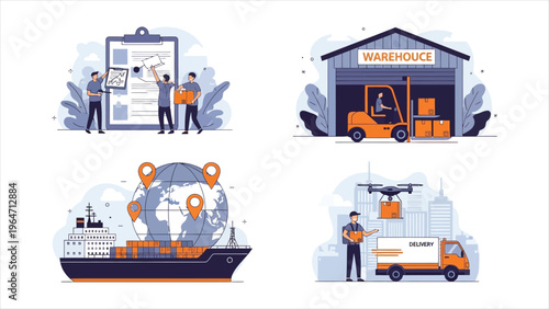 Global logistics chain illustration depicting international supply, distribution, warehousing, transportation, and delivery networks. Import and export vector concept.
