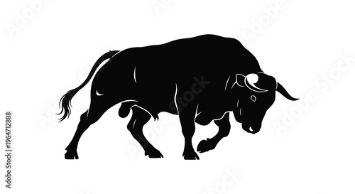 A powerful black bull is depicted in a dynamic pose head lowered ready to charge a striking silhouette high quality