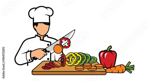 A cartoon chef actively chopping colorful vegetables on a cutting board a vibrant culinary illustration silhouette high quality professional detailed modern