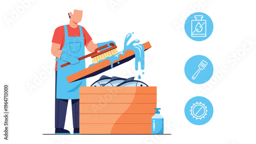 Seafood Preparation: A culinary expert meticulously cleans fresh seafood, utilizing a wooden trough and brushes in a hygienic environment to ensure the finest quality for culinary purposes.