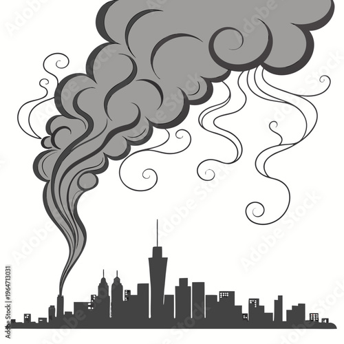 City skyline with large gray smoke cloud pollution