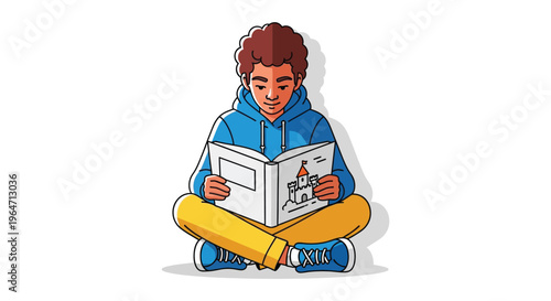 A young boy sits cross legged intently reading a book depicting a castle creating a striking silhouette high quality professional detailed modern