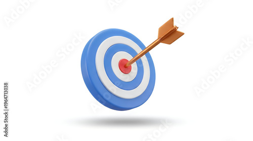 Fototapeta Bullseye target with arrow, precision aim concept, blue and white dartboard, hitting the mark