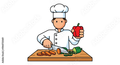 A cheerful cartoon chef prepares fresh vegetables on a cutting board showcasing culinary skills silhouette high quality professional detailed modern