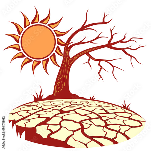 Dead tree under a sun on dry land drought environment