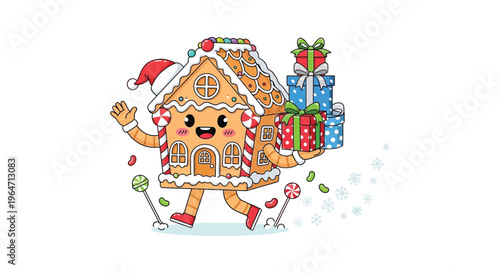 A charming illustration of a gingerbread house character cheerfully carrying gifts with whimsical candy details silhouette high quality professional detailed