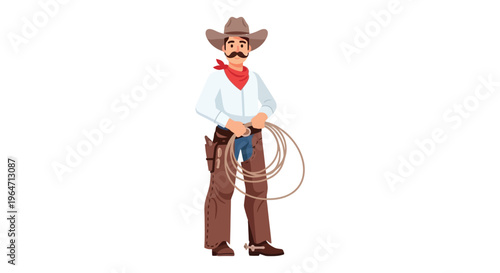 A cartoon depiction of a smiling cowboy with a lasso wearing traditional western attire presented as a silhouette high quality professional