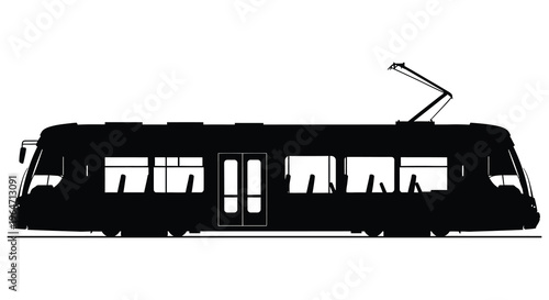 A stark black silhouette of a modern tram or streetcar against a white background showcasing urban transportation silhouette high quality professional