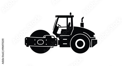 A stark black silhouette depicts a heavy duty road roller machine showcasing construction equipment detail silhouette high quality professional detailed modern elegant
